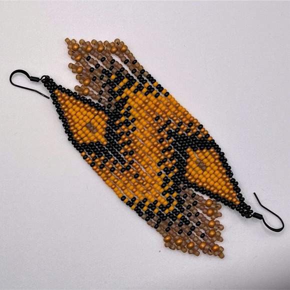 Beaded Fringe Dangle Earrings Black Orange Pumpkin Topaz Glass Beads Fall Colors - Picture 4 of 5